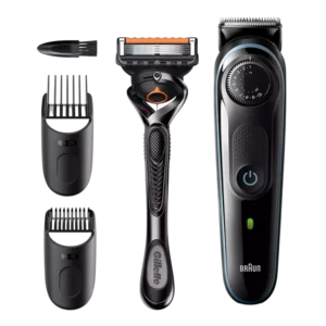 Триммер для бороды и усов Braun BT5340, 2 насадки и бритва Gillette, сине-черный