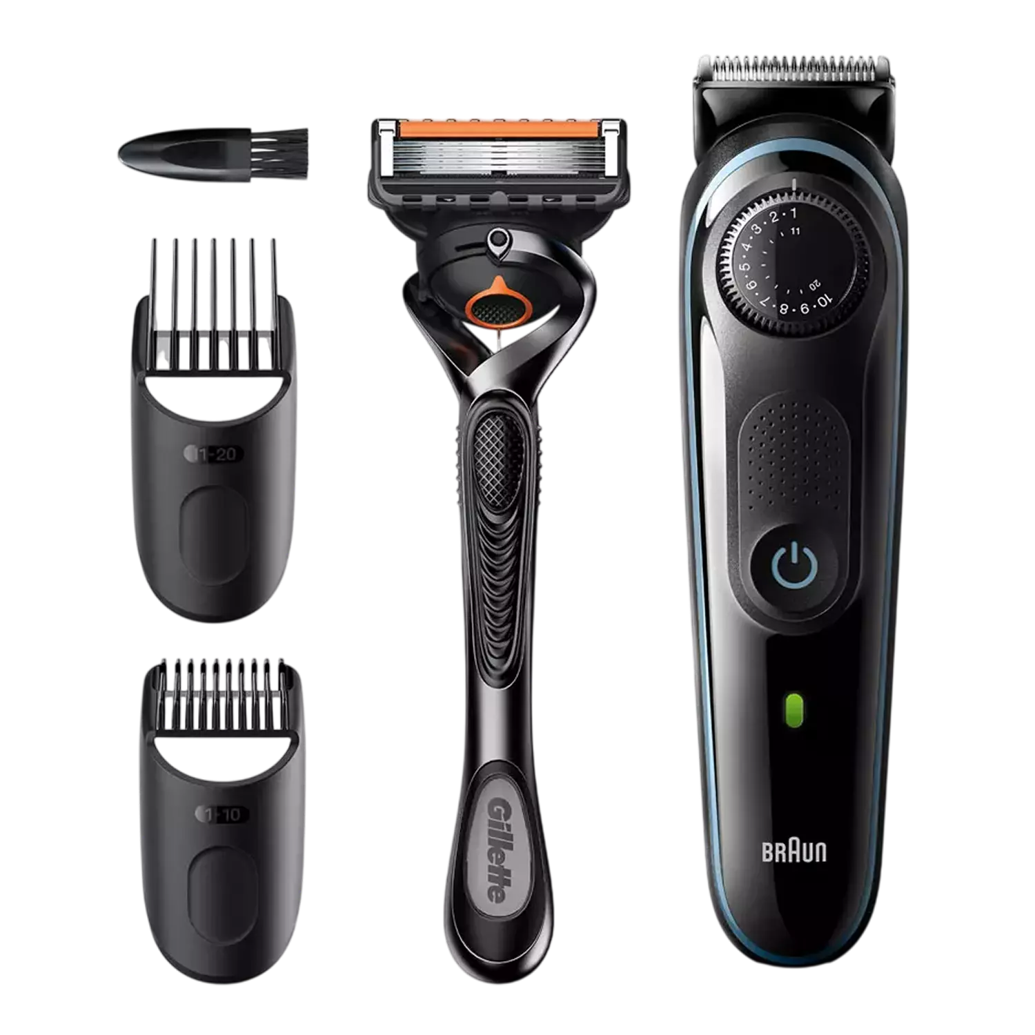 Триммер для бороды и усов Braun BT5340, 2 насадки и бритва Gillette, сине-черный